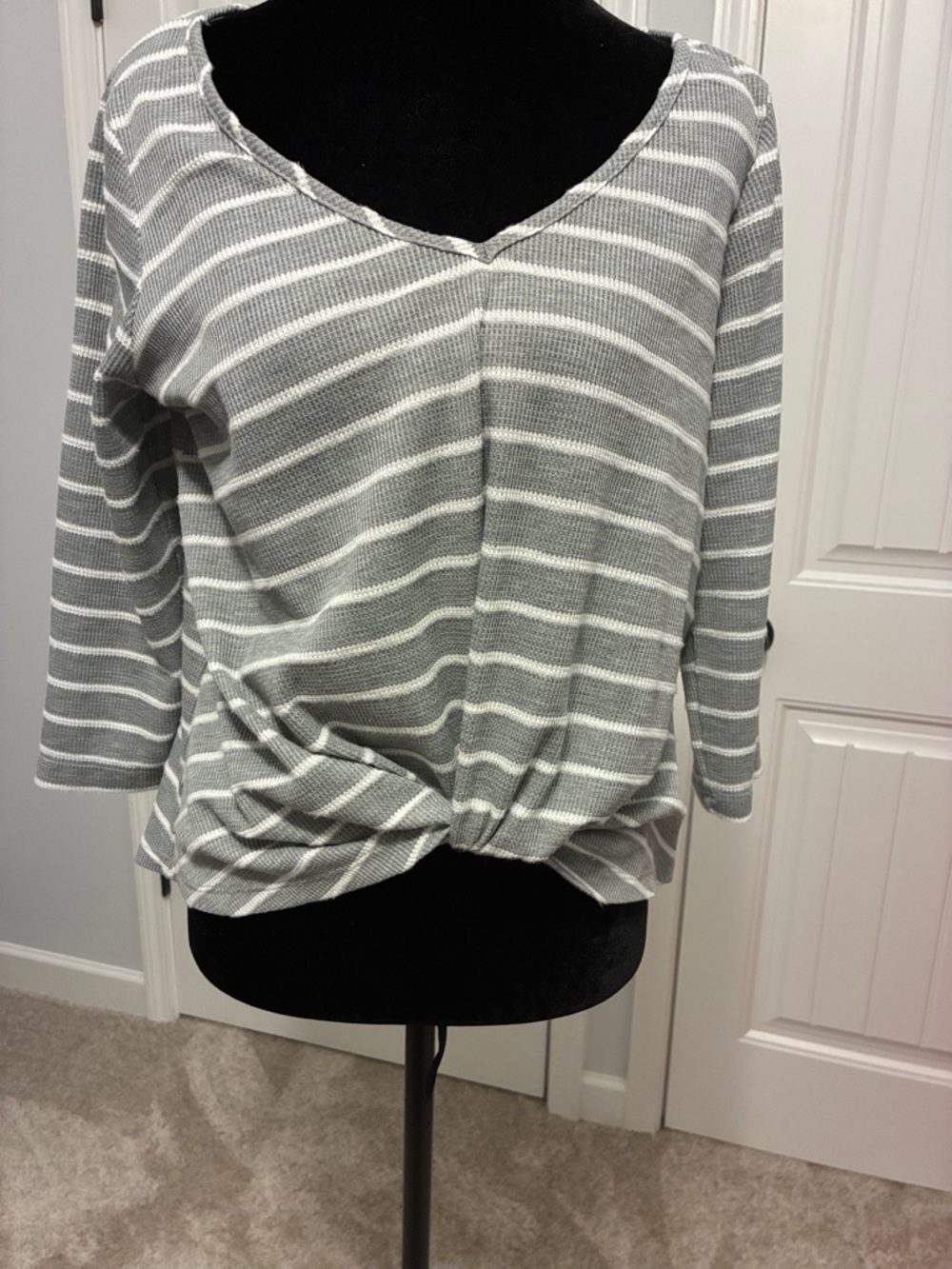 Striped Twist-Front V-Neck Long Sleeve Top in Light Gray and White